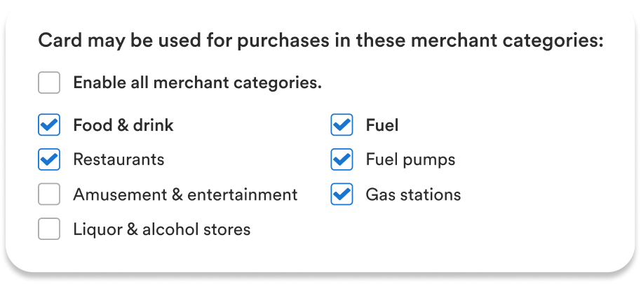 Spend controls merchant categories snapshot